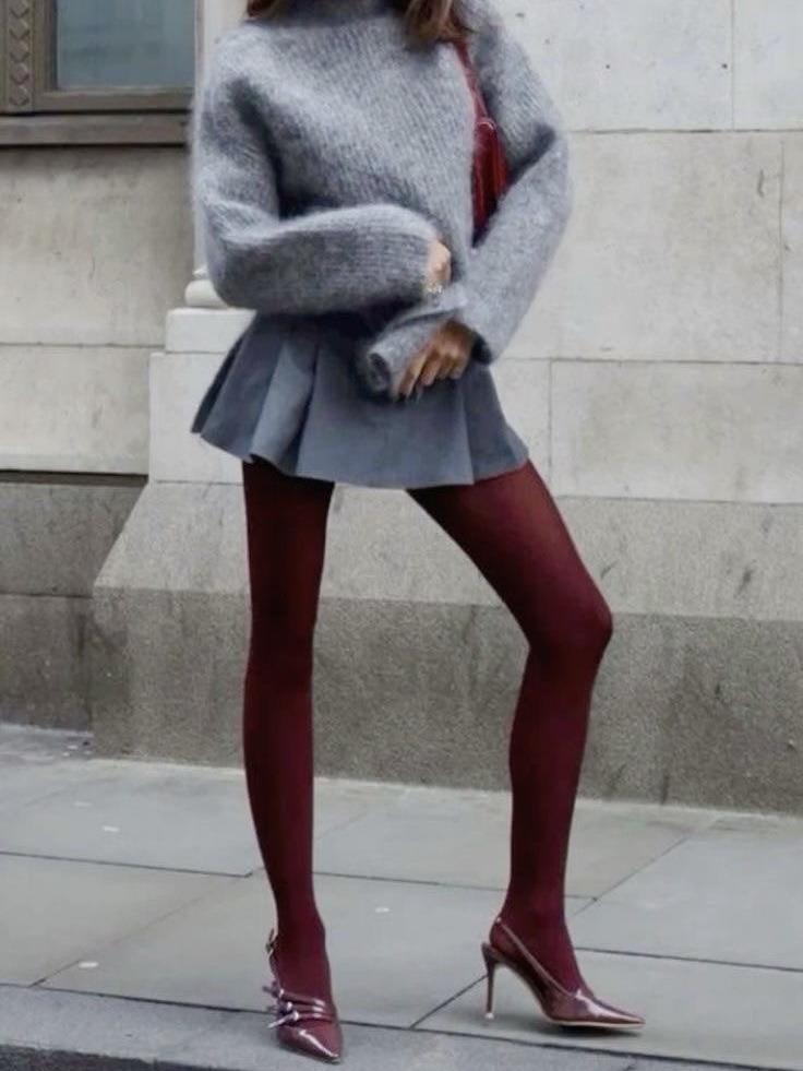 Burgundy Tights Are 2025’s Unexpected Style Hero, and Here’s Why 28 EHF Burgundy tights with grey clothes